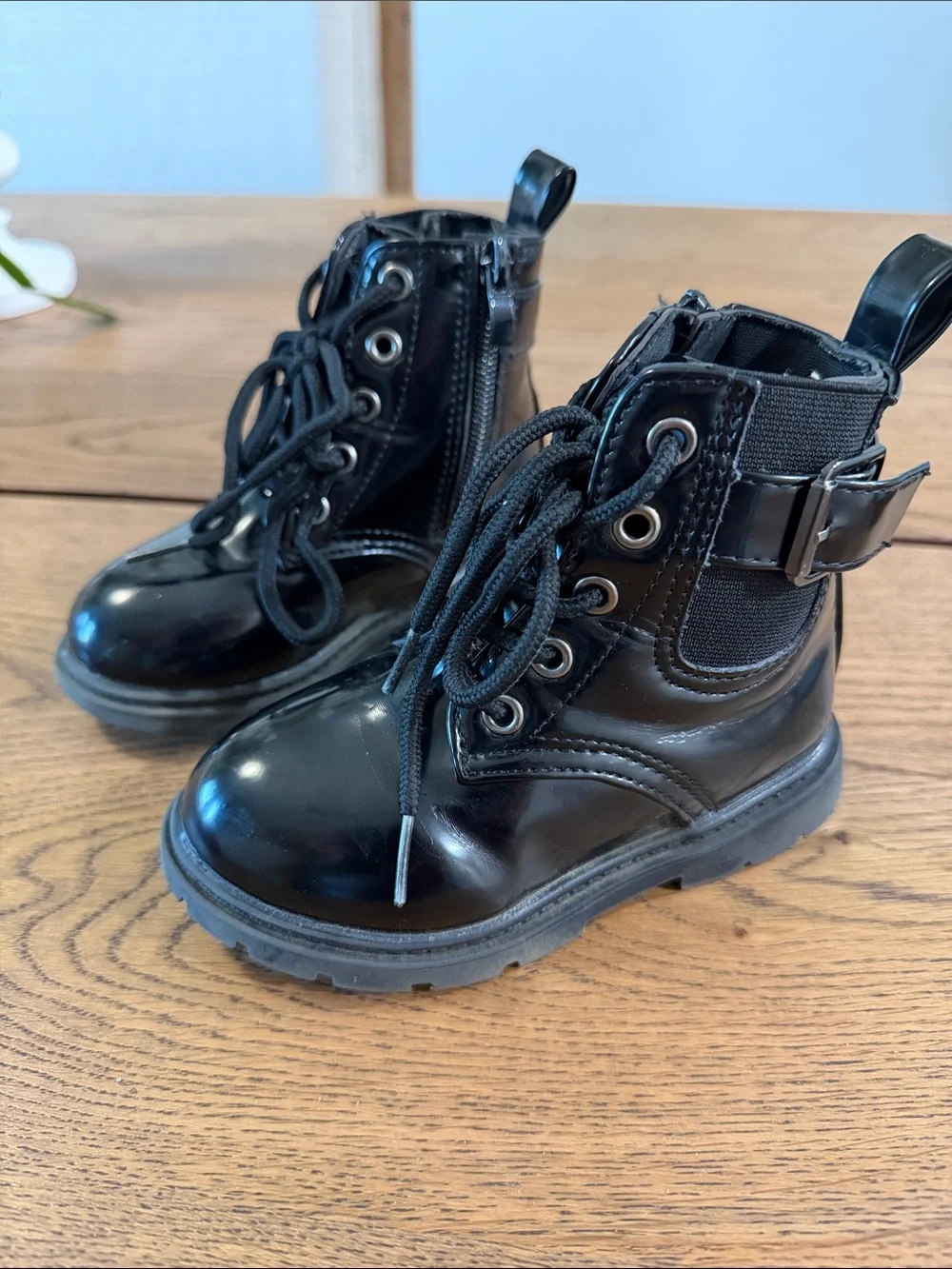 Kids Black Lace-Up Ankle Boots with Side Zip and Buckle
